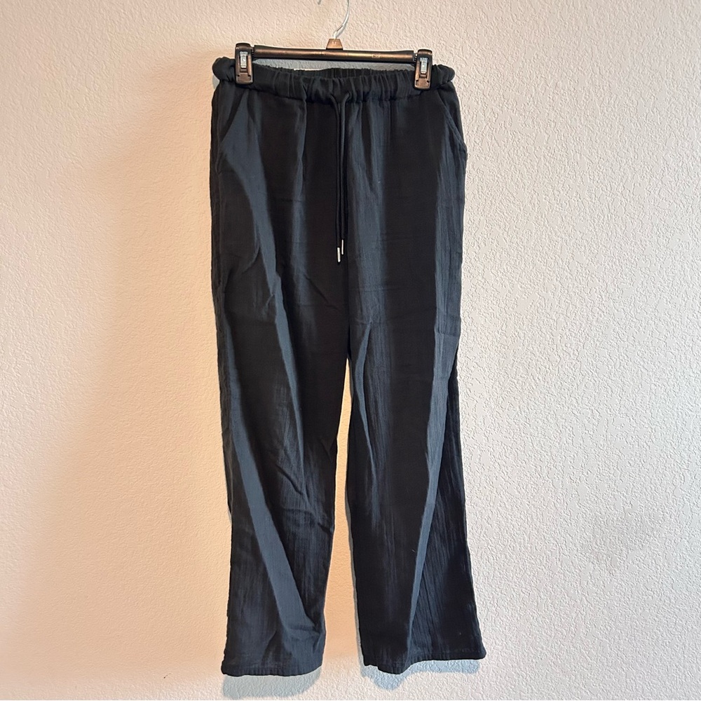 Quince 100% Organic Cotton Gauze Pants XS Straight Leg Black Lagenlook Loose Fit